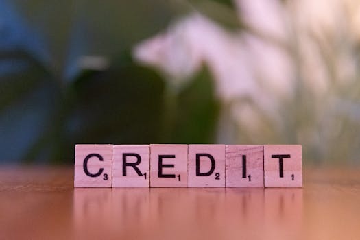 Close-up of wooden blocks spelling 'credit' with a blurred leafy background.