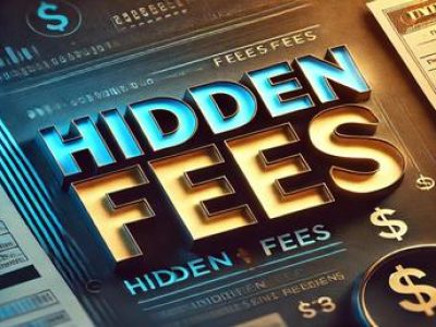 Bold, golden text reading 'Hidden Fees' on a dark financial-themed background with dollar signs and financial documents, symbolizing unexpected charges and hidden costs